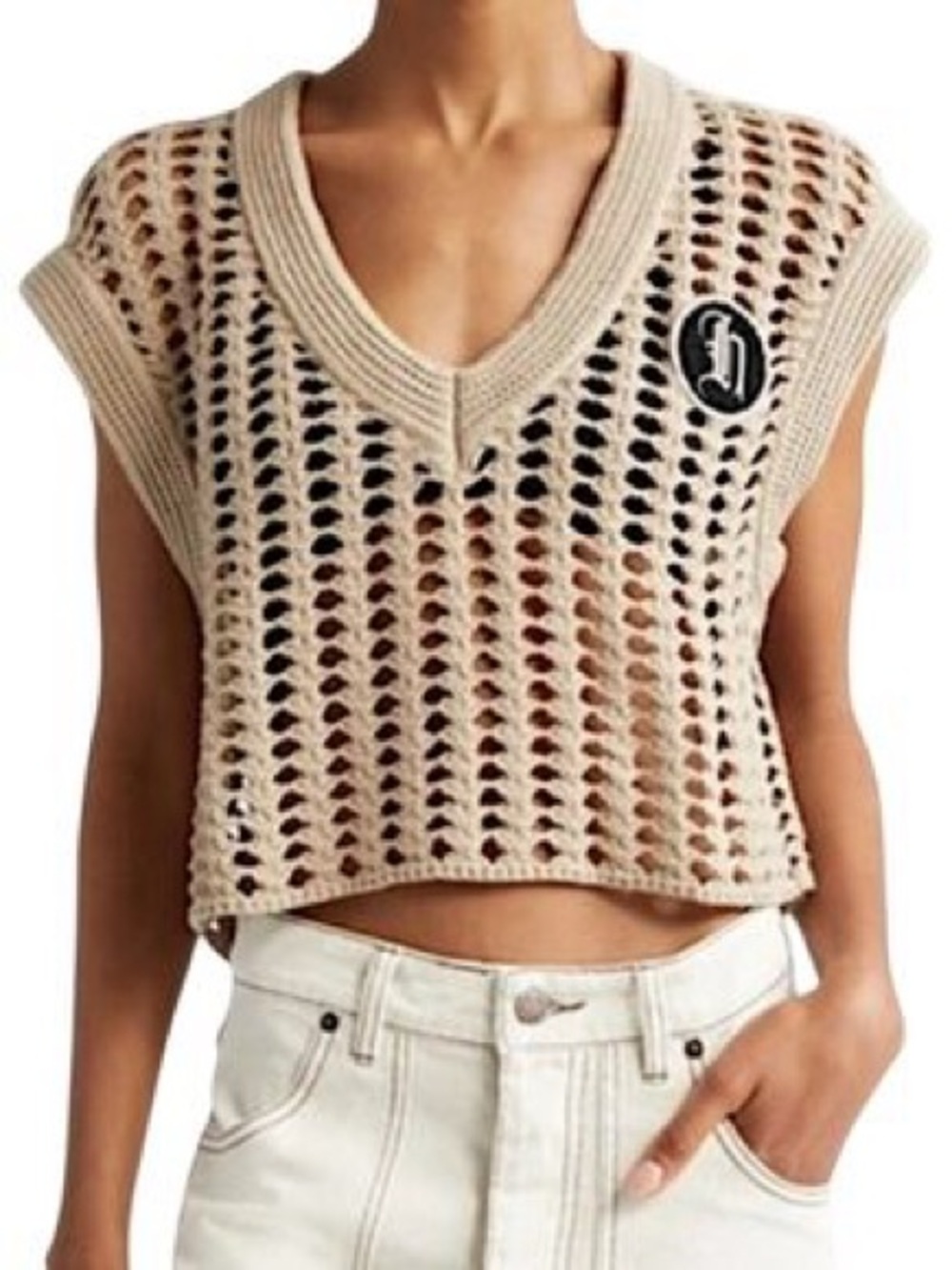 Crochet V-Neck Sleeveless Crop Top - Beige Size Medium